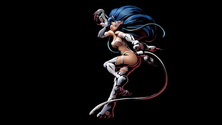 Darkstalkers, video game characters, Capcom, Marvel vs. Capcom 3, cat girl, Felicia, blue hair, plain background, dark background, tail, HD wallpaper