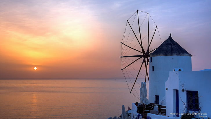 Windmill at Sunset, Oia, Santorini, Greece, Europe, HD wallpaper