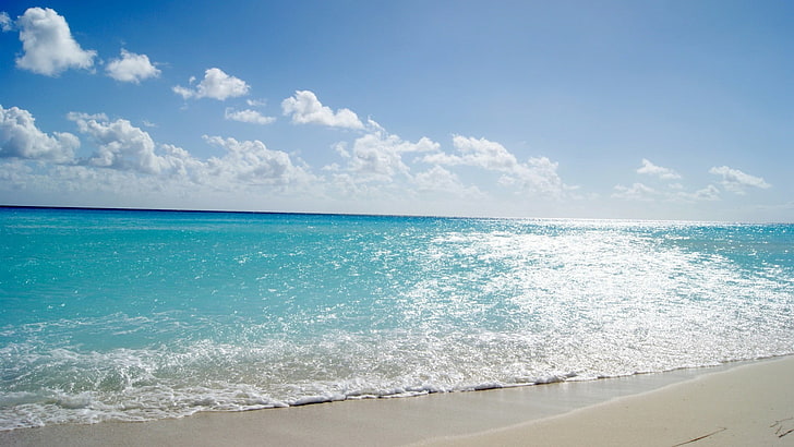 sea, sky, ocean, sandy beach, horizon, seascape, shore, beach, caribbean, water, wave, coast, azure, vacation, cloud, HD wallpaper