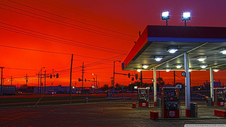 Gas Staion Under A Red Sky, gas station, street, town, nature and landscapes, HD wallpaper