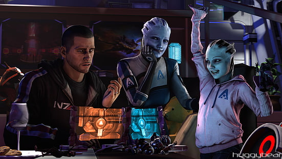 Huggybear digitale Tapete, ohne Titel, Mass Effect, Liara T'Soni, John Shepard, Asari, Videospiele, digitale Kunst, HD-Hintergrundbild HD wallpaper
