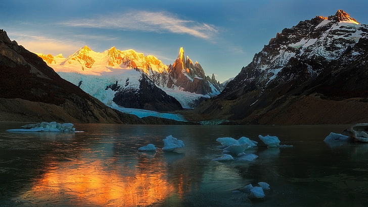 montagne enneigée, montagnes, lac, glaciers, neige, gel, glace, nature, paysage, Argentine, Fond d'écran HD