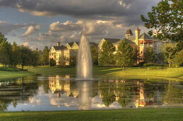 outdoor fountain near white concrete house and green leaved trees during daytime, saratoga springs, saratoga springs, Saratoga Springs, Resort, outdoor, fountain, white, concrete, house, green, trees, daytime, Florida, HDR, hotel, Lake Buena Vista, Orlando, Pentax, theme park, Vacation, Walt Disney World, architecture, HD wallpaper