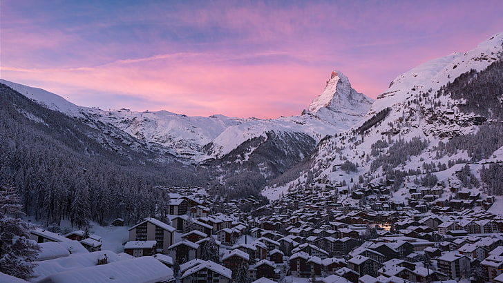 masyw, różowe niebo, górska wioska, szczyt, stacja na wzgórzu, Zermatt, dolina, Alpy, Matterhorn, Szwajcaria, Zamontuj dekoracje, śnieg, pustynia, niebo, pasmo górskie, góra, zima, Tapety HD