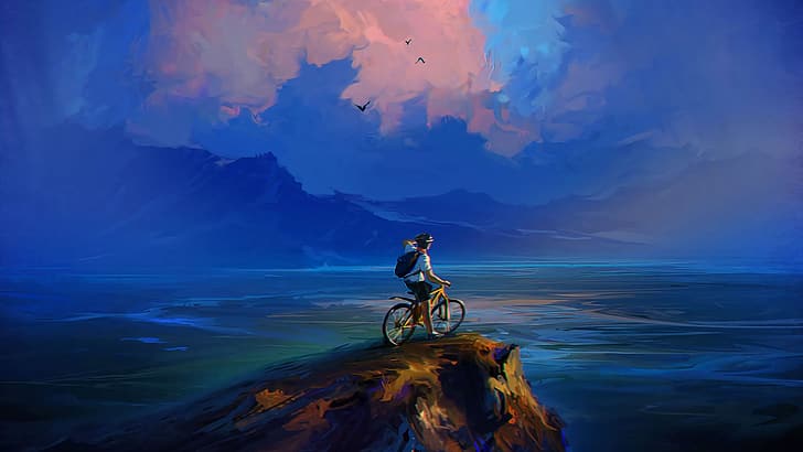 karya seni, alam, pemandangan, sepeda, Wallpaper HD