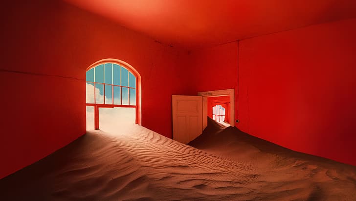 fotografia, Tame Impala, piasek, pustynia, okno, abstrakcja, pomarańcz, chmury, Tapety HD
