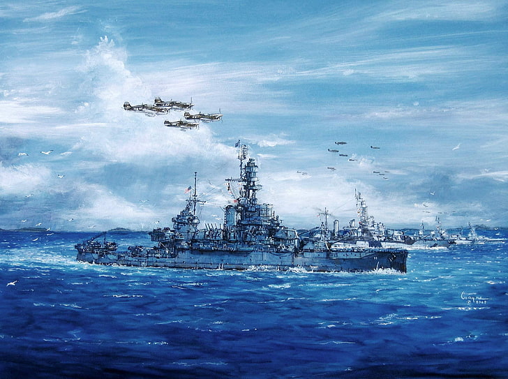 battle ship painting, sea, wave, the sky, figure, ships, art, aircraft, WW2, Uss Pennsylvania, Pennsylvania, American ship of the line, (BB-38), HD wallpaper