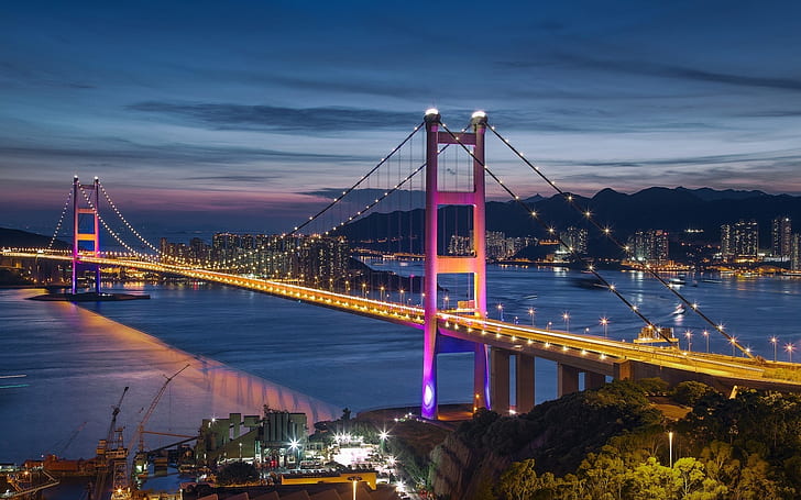 Malam Hong Kong, hong kong, kota, malam, lampu, jembatan, Wallpaper HD