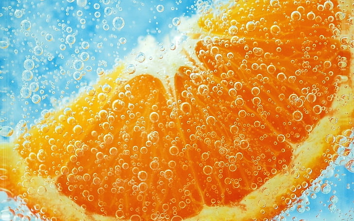 ورق حائط رقمي شرائح فواكه برتقالية ، فواكه ، برتقال (فاكهة) ، ماكرو ، فقاعات، خلفية HD