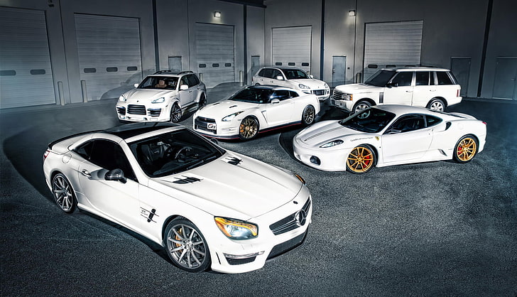 Mercedes-Benz, Porsche, F430, Ferrari, Nissan, white, GT-R, Land Rover, Range Rover, Cayenne, SL-class, HD wallpaper