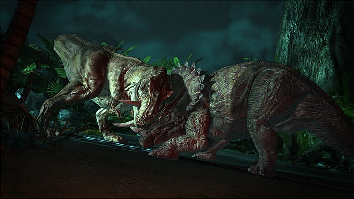 два коричневых динозавра сражаются друг с другом обои, битва, динозавры, парк юрского периода, парк юрского периода The Game, HD обои
