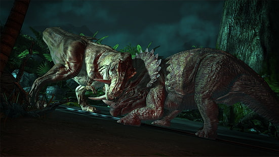 dois dinossauros marrons lutando entre si papel de parede, batalha, dinossauros, Jurassic Park, Jurassic Park The Game, HD papel de parede HD wallpaper
