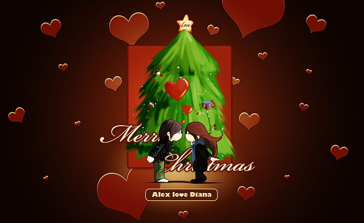 коледно дърво, коледни пожелания, двойка, сърце, целувка, настроение, любов, HD тапет