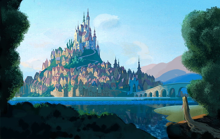 Fondo de pantalla de Disney Tangled Castle, bosque, paisaje, montañas, puente, río, castillo, figura, dibujos animados, arte, Rapunzel, Tangled, Walt Disney, Rapunzel: una historia enredada, Fondo de pantalla HD