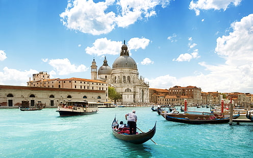 มหาวิหาร Santa Maria della Salute เวนิสเรือแจวท้องฟ้าสีฟ้าภูมิทัศน์, วอลล์เปเปอร์ HD HD wallpaper