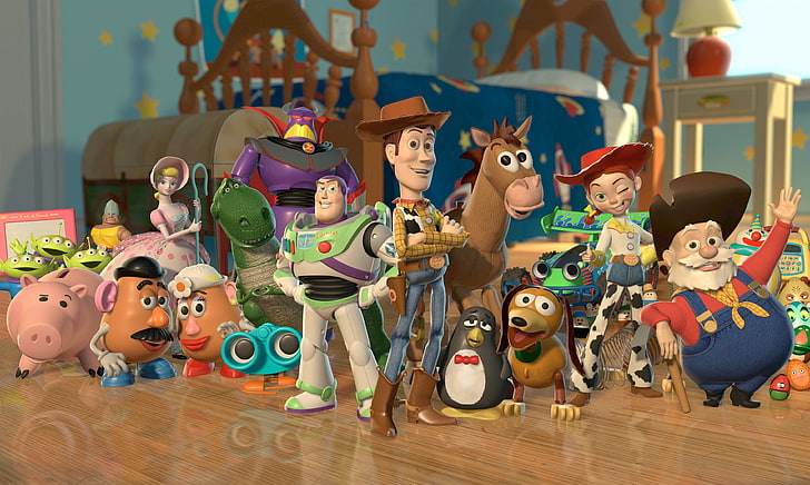 Toy Story-karaktärer, häst, dinosaurie, hund, piggy, gris, cowboy, utomjordingar, vår, leksaksberättelse, leksaksberättelse 2, Rex, potatishuvud, Jesse, buzz Lightyear, Hamm, woody, bullseye, slink, HD tapet