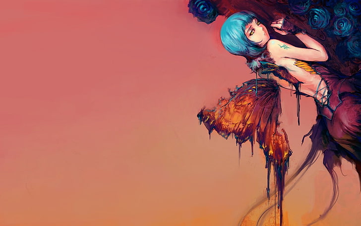 Anime Mädchen, Fantasiekunst, Flügel, einfacher Hintergrund, blaues Haar, HD-Hintergrundbild