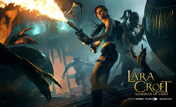 Lara Croft Flamethrower, wallpaper Lara Croft, Game, Tomb Raider, lara croft, lara croft dan penjaga cahaya, lara croft flamethrower, penyembur api, Wallpaper HD