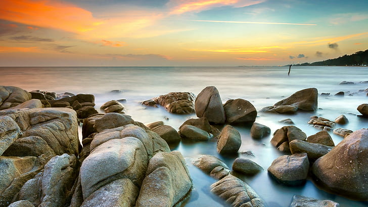 pemandangan, laut, pantai, batu, horizon, matahari terbenam, Wallpaper HD