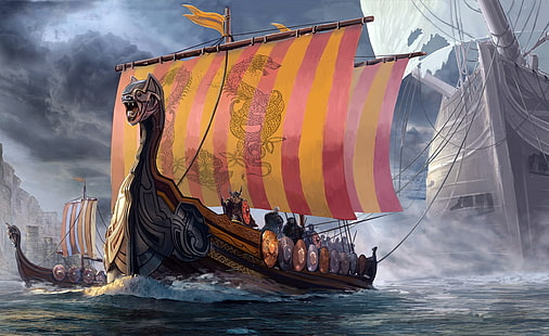 коричневая лодка, иллюстрация, море, волна, небо, викинги, «корабль-дракон», драккар, моряки, HD обои HD wallpaper