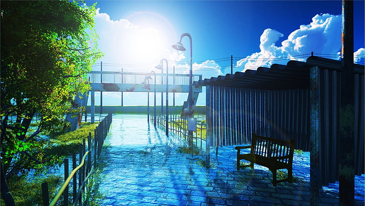 urban, anime, water, lantern, sky, clouds, bench, HD wallpaper