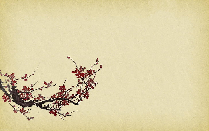 ilustrasi pohon berbunga merah, minimalis, tekstur, latar belakang sederhana, cabang, Wallpaper HD