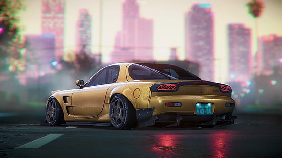 mobil kuning, karya seni, mobil, kendaraan, Mazda, Mazda RX-7, Wallpaper HD HD wallpaper