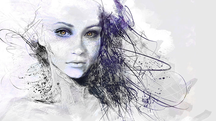 woman's face ink sketch, digital art, women, white, abstract, face, artwork, HD wallpaper