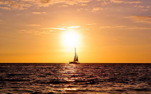海、水、日没、海、ヨット、帆、 HDデスクトップの壁紙 HD wallpaper