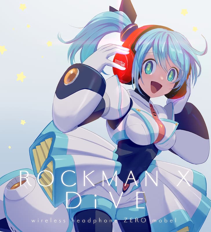 anime, anime girls, Mega Man X, Rockman X DiVE, RiCO (Rockman X DiVE), cheveux longs, manches longues, cheveux bleus, solo, artwork, art numérique, fan art, Fond d'écran HD, fond d'écran de téléphone