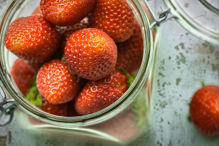 berries, blur, close up, delicious, focus, fruits, jar, nutritious, strawberries, yummy, HD wallpaper