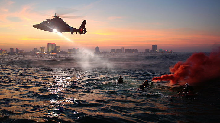 black helicopter above the sea, coast guard, rescue, MEDEVAC, rescue helicopter, training, sea, night, HD wallpaper