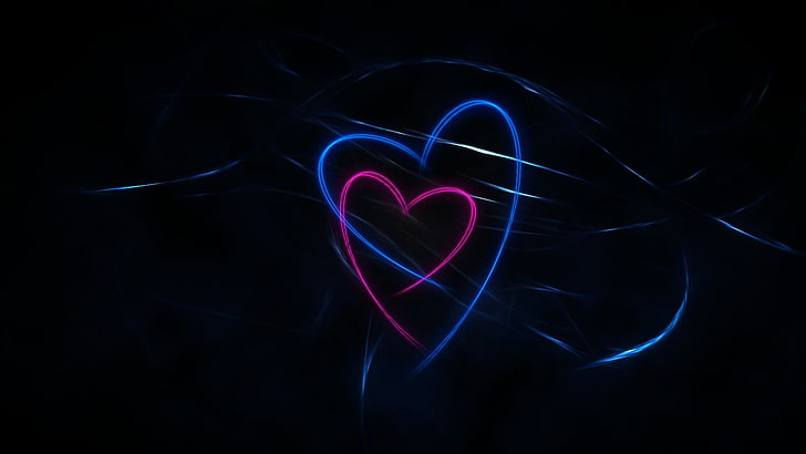 blue and pink heart illustration, dark, black, blue, pink, background, lines, hearts, abstraction, HD wallpaper