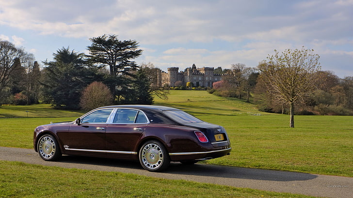maroon Bentley sedan, Bentley Mulsanne, car, castle, Bentley, park, vehicle, HD wallpaper