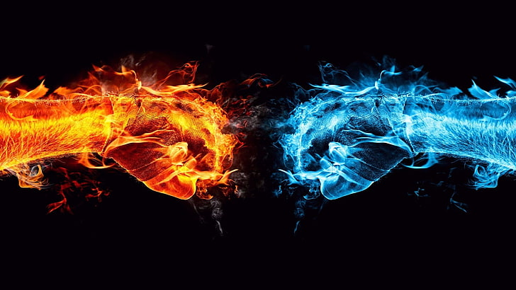 Ilustración de golpe de puño de fuego y hielo, hielo y fuego, puños, arte digital, fuego, hielo, naranja, rojo, cian, azul, fondo negro, simple, Fondo de pantalla HD