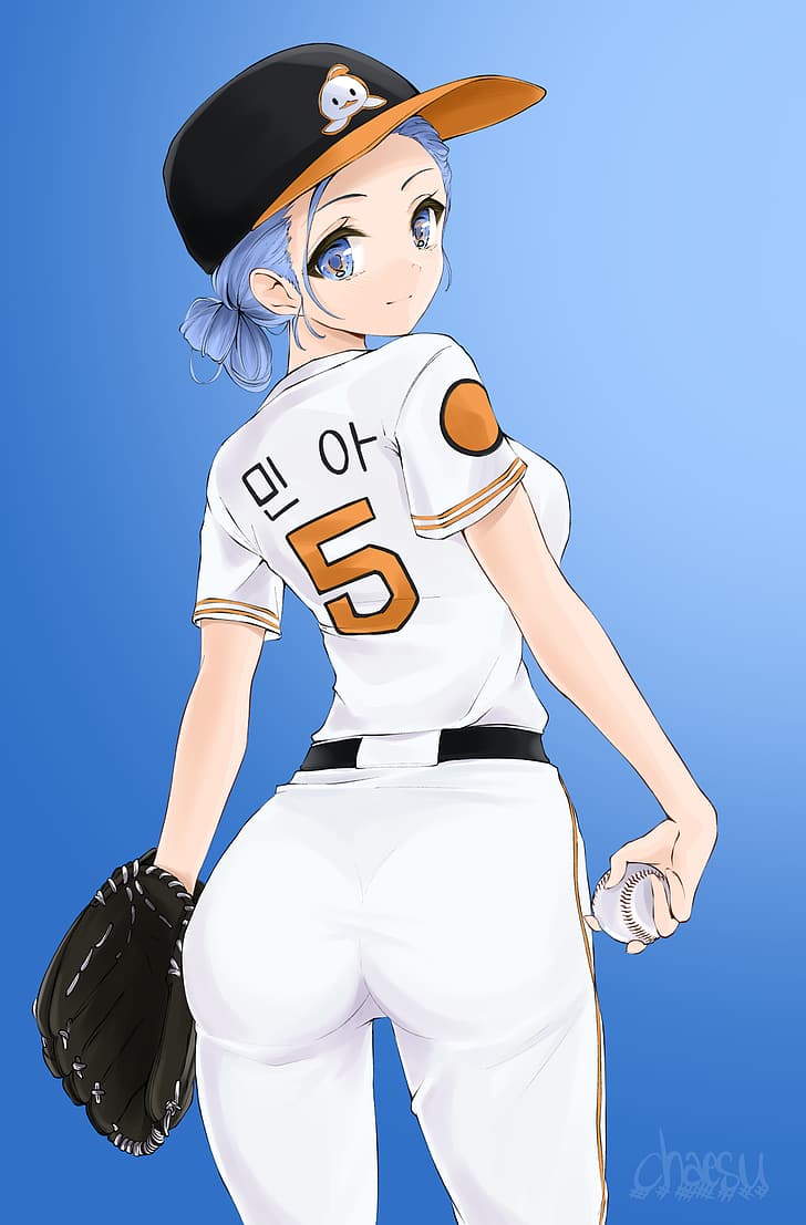 blue hair, blue eyes, anime girls, anime, tied hair, baseball cap, baseball, baseball glove, thick ass, Chaesu, HD wallpaper