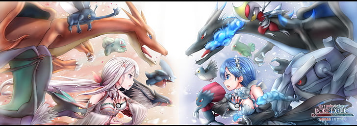 Anime, Crossover, Emilia (Re: ZERO), Pokémon, Rem (Re: ZERO), HD tapet
