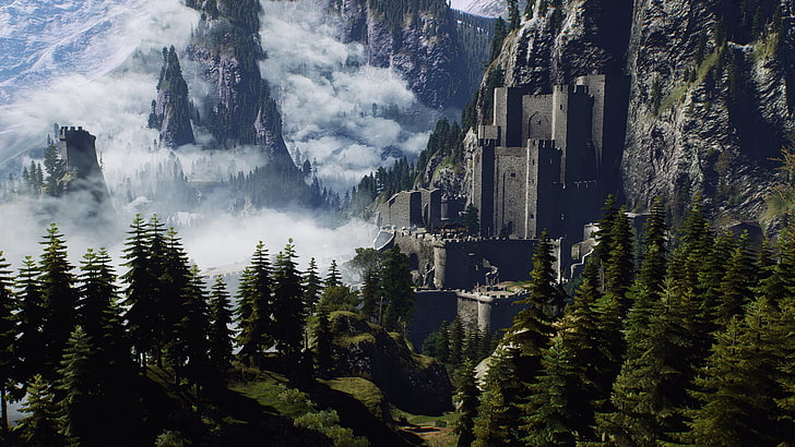 серый замок, фэнтези-арт, деревья, горы, облака, замок, Ведьмак 3: Дикая Охота, видеоигры, Каер Морхен, HD обои
