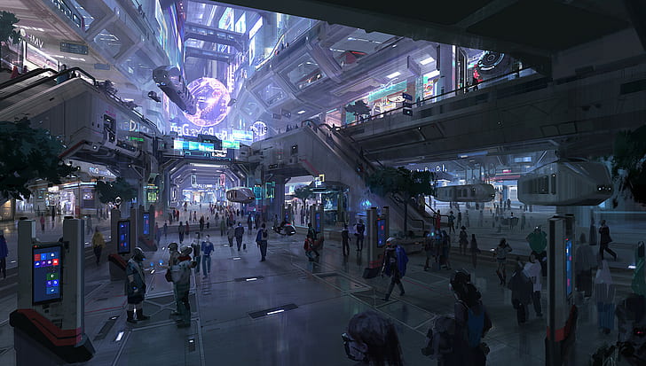 공상 과학 소설, 미래 도시, 팬 아트, 쇼핑몰, Chenxi Kang, 판타지 아트, 미래의, 디지털 아트, 삽화, HD 배경 화면