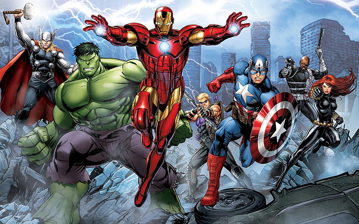 Marvel Comics The Avengers: fond d'écran numérique, The Avengers, Iron Man, Hulk, Hawkeye, Thor, Captain America, Nick Fury, Black Widow, éclairs, Marvel Comics, Fond d'écran HD
