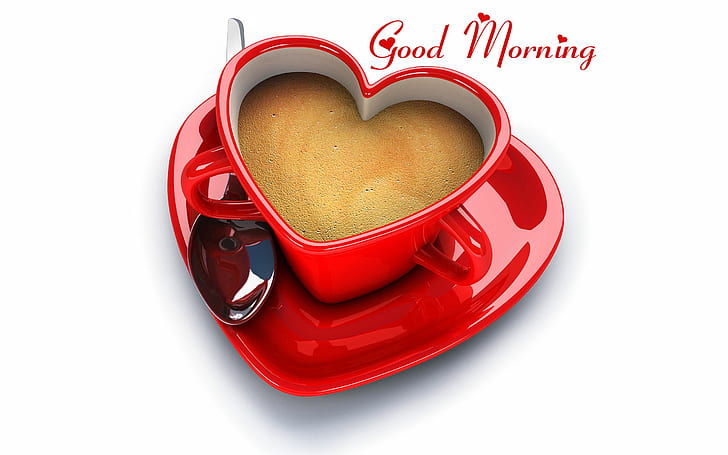사랑 붉은 심장 모양 커피 컵 좋은 아침 바탕 화면, HD 배경 화면