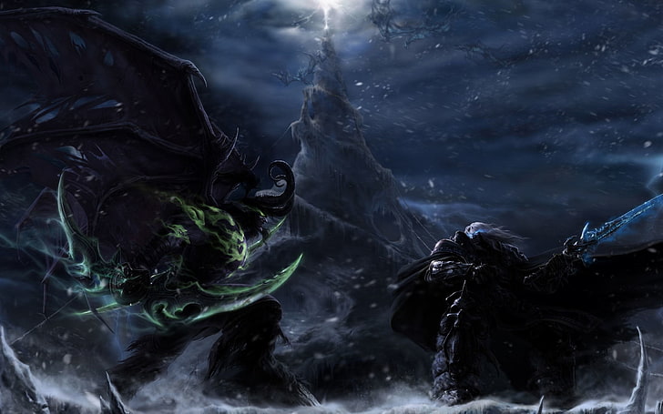 ภาพวาดนามธรรมสีดำและสีเทา, Warcraft, วิดีโอเกม, Illidan Stormrage, Arthas, World of Warcraft, Lich King, #frostmourne, วอลล์เปเปอร์ HD