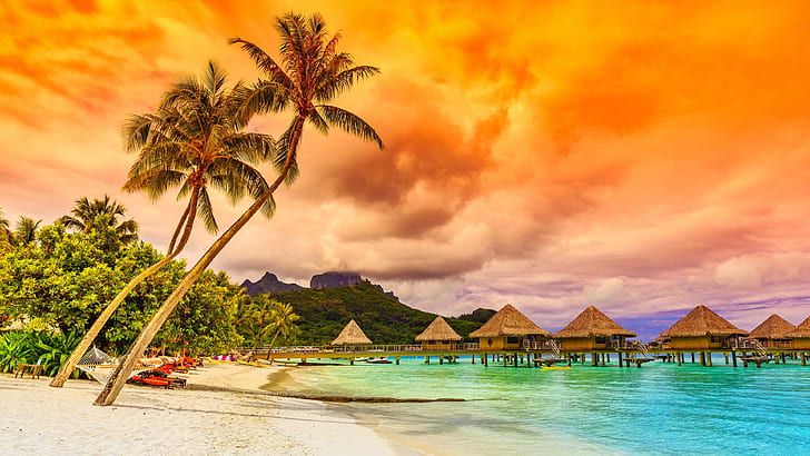 Sunset Tropical Sea Beach Bora Bora Bungalows In Water Pond Coconut Trees Red Sky Clouds Hd Wallpaper For Desktop 3840х2160, HD tapet
