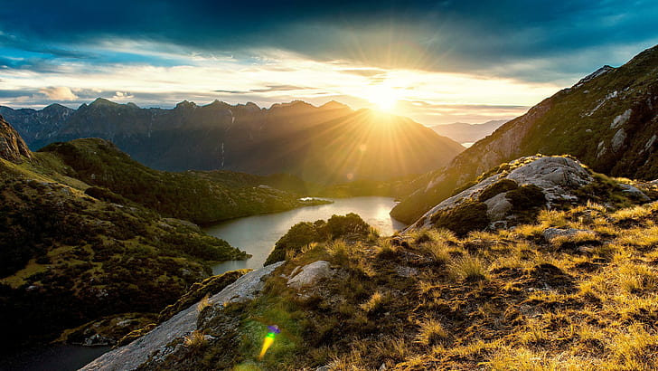 太陽光線、国立公園、ニュージーランド、フィヨルドランド、反射、丘、日光、朝、山脈、自然、フィヨルドランド国立公園、高地、尾根、岩、荒野、山、空、太陽光線、 HDデスクトップの壁紙