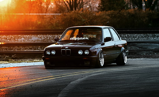 schwarzes BMW-Coupé, BMW, Auto, Front, Schwarz, Sonne, E30, Haltung, Dapper, Ligth, HD-Hintergrundbild HD wallpaper