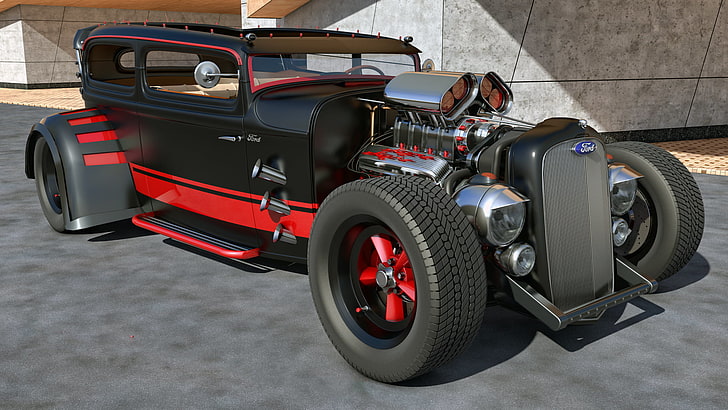 black and red hot rod, machine, design, tuning, ford, hot rod, custom, rendering, samcurry, HD wallpaper