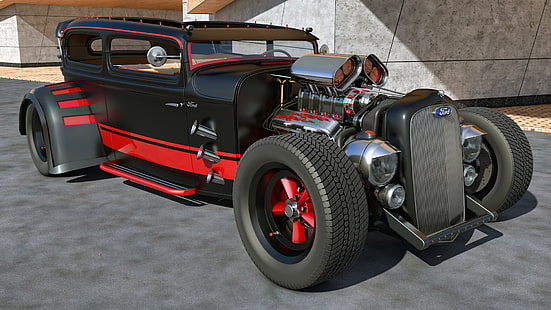 black and red hot rod, machine, design, tuning, ford, hot rod, custom, rendering, samcurry, HD wallpaper HD wallpaper