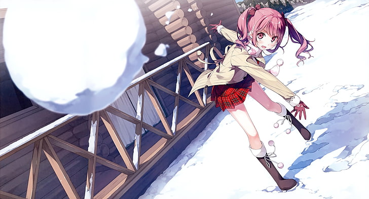 gadis anime, Kurumi (Kantoku), karakter asli, Kantoku, salju, anime, rambut merah muda, Afterschool tahun ke-5, Wallpaper HD