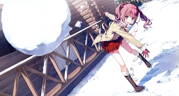filles anime, Kurumi (Kantoku), personnages originaux, Kantoku, neige, anime, cheveux roses, école secondaire de la 5e année, Fond d'écran HD HD wallpaper