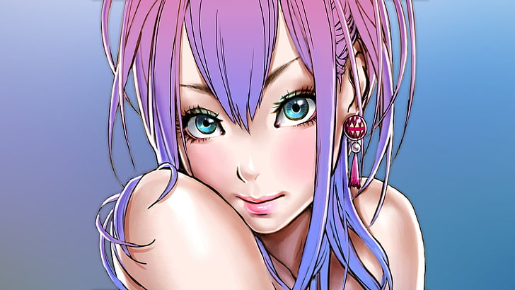 fioletowe włosy, niebieskie oczy, proste, miękkie cieniowanie, anime girls, Tapety HD